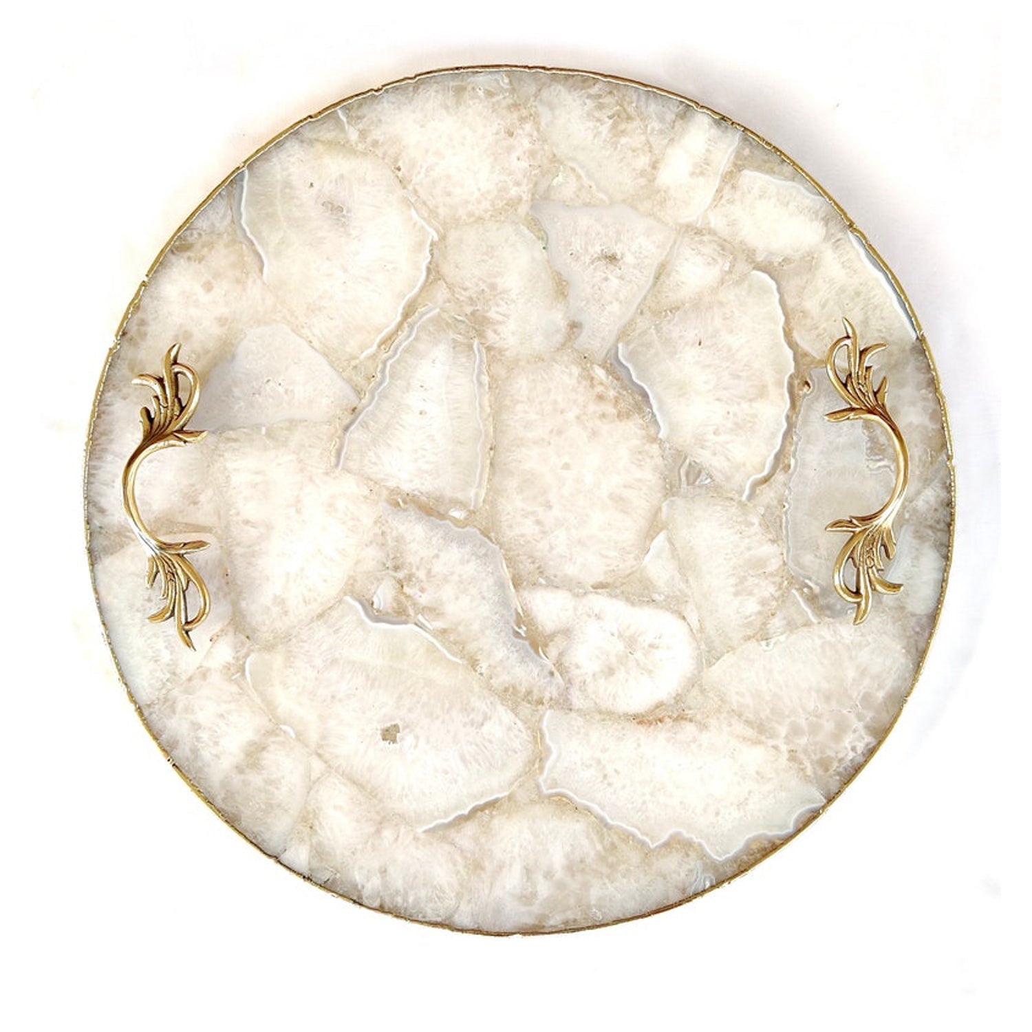 White Agate Serving Tray With Brass Handles | Circular |-0