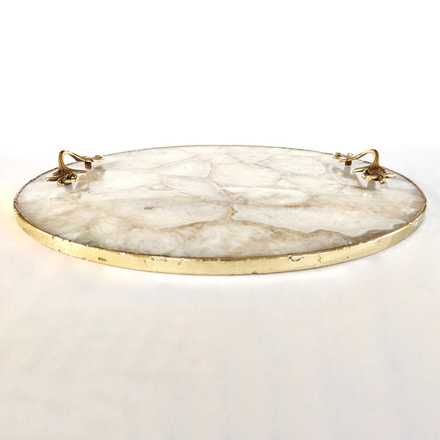 White Agate Serving Tray With Brass Handles | Circular |-3