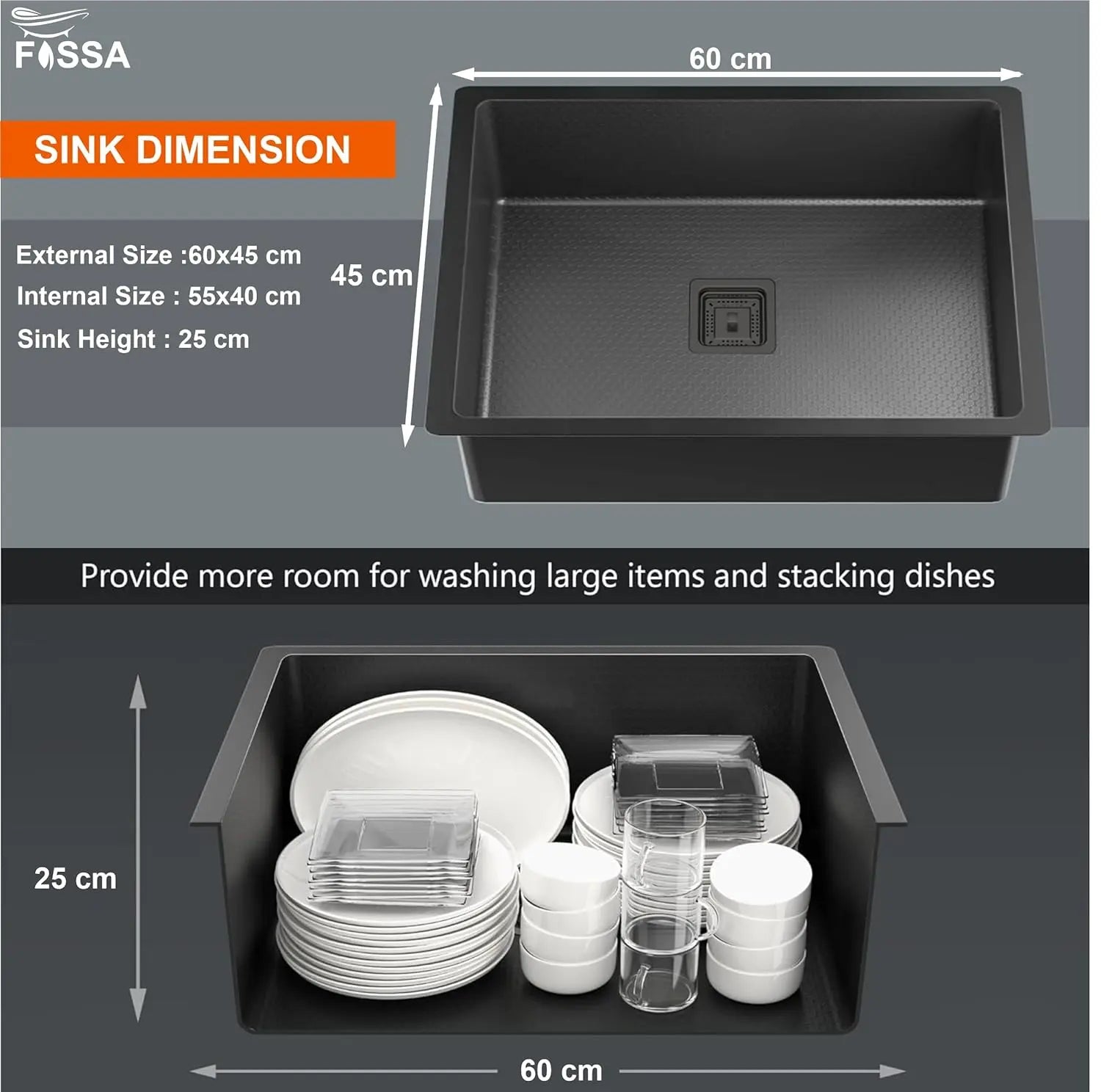 Fossa 24"x18"x10" Inch Single Bowl 304 Grade Honeycomb Embossed Kitchen Sink with Nano Coating (Black )-1