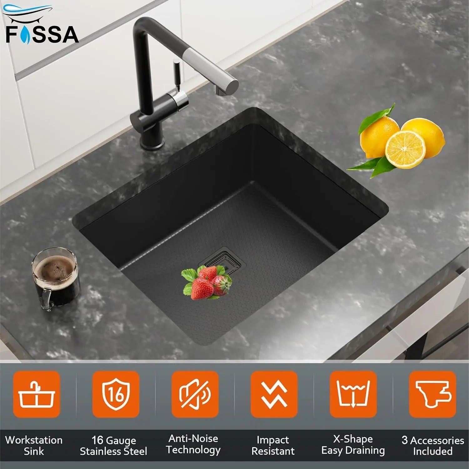 Fossa 24"x18"x10" Inch Single Bowl 304 Grade Honeycomb Embossed Kitchen Sink with Nano Coating (Black )-4
