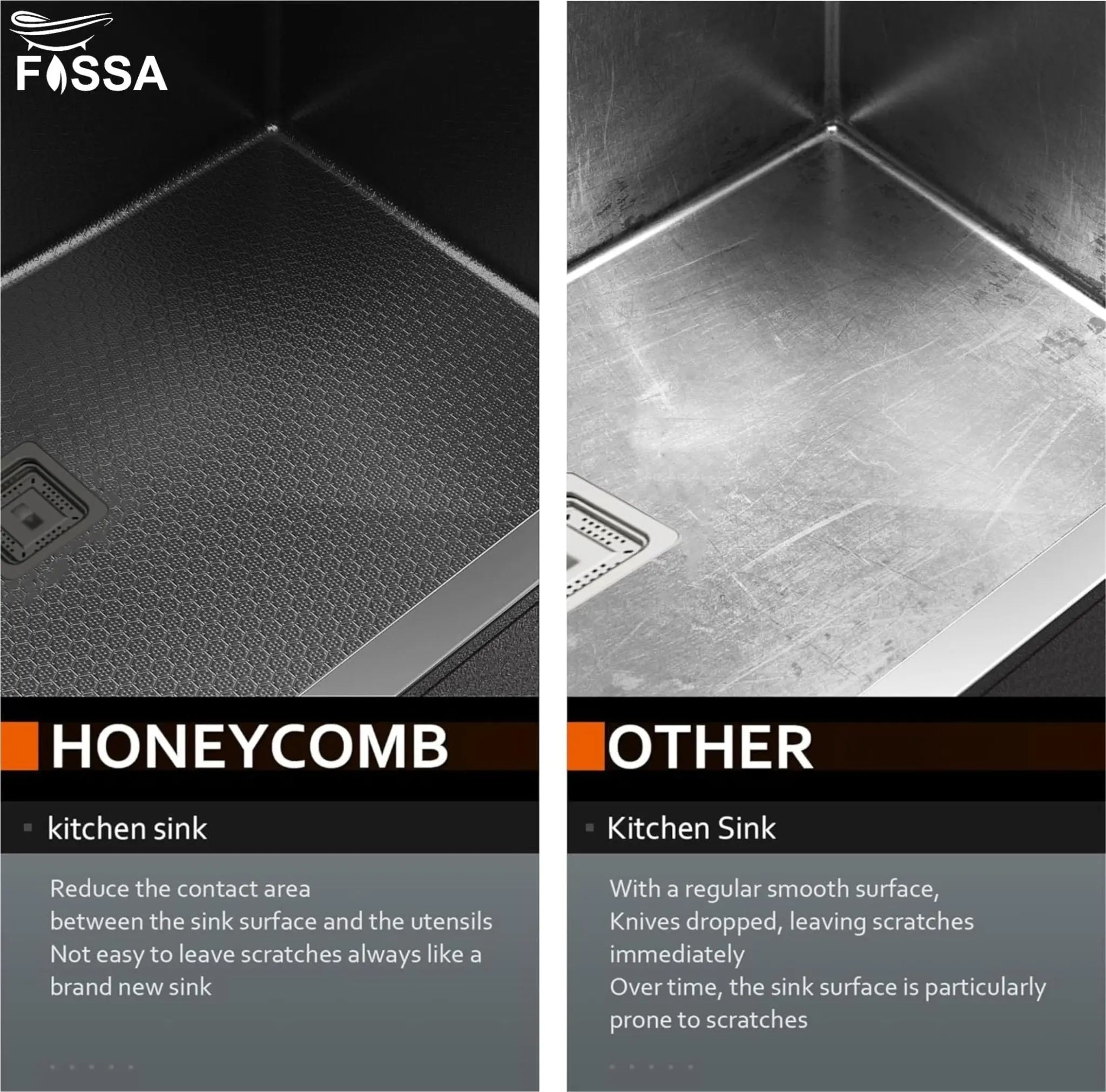 Fossa 24"x18"x10" Inch Single Bowl 304 Grade Honeycomb Embossed Kitchen Sink with Nano Coating (Black )-2