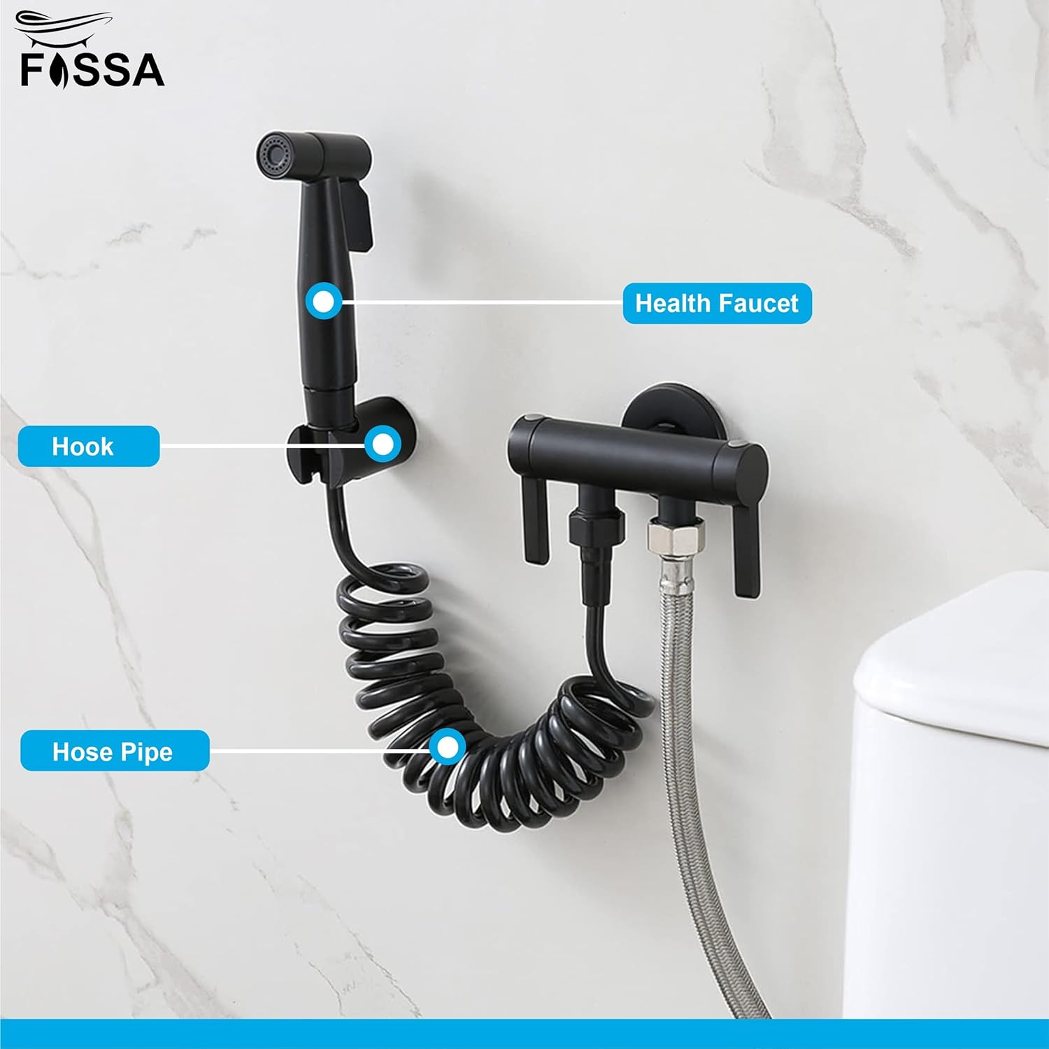 Fossa Hand Held Bidet Sprayer Premium Stainless Steel Sprayer - Health Faucet for Toilet, with 1 Mtr Spring Flexible Shower Hose Pipe,Hook (Black)-3