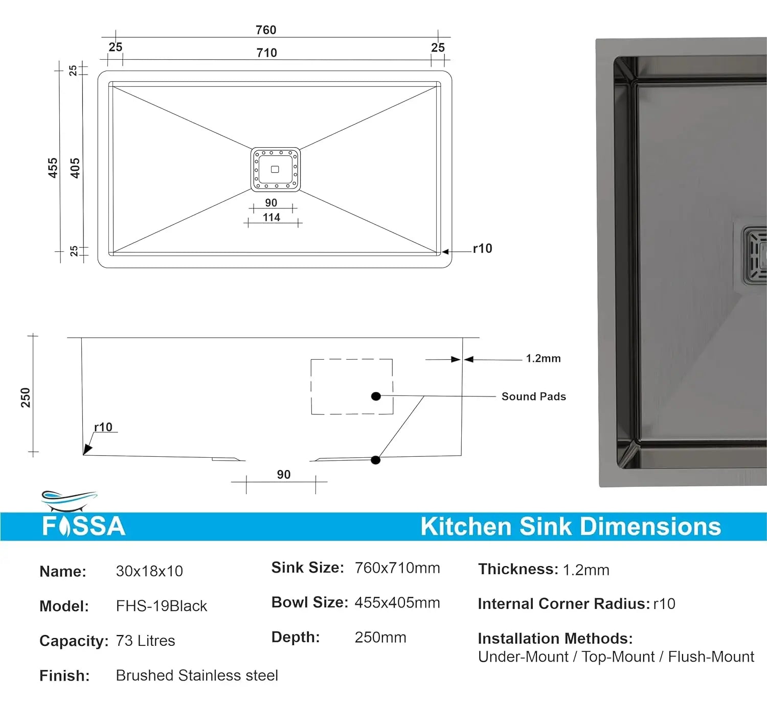 Fossa 30"x18"x10" inch Single Bowl SS-304 Grade Stainless Steel Handmade Kitchen Sink (Matte Finish) Black-1