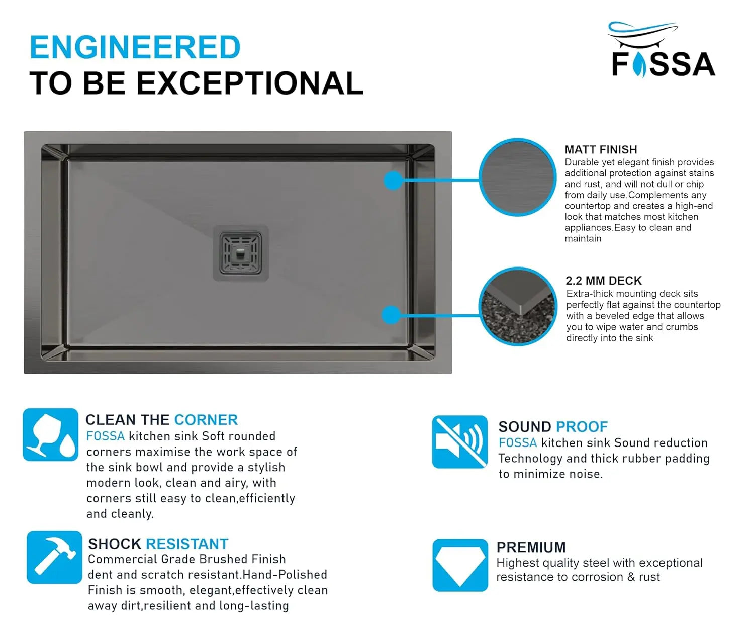 Fossa 30"x18"x10" inch Single Bowl SS-304 Grade Stainless Steel Handmade Kitchen Sink (Matte Finish) Black-2