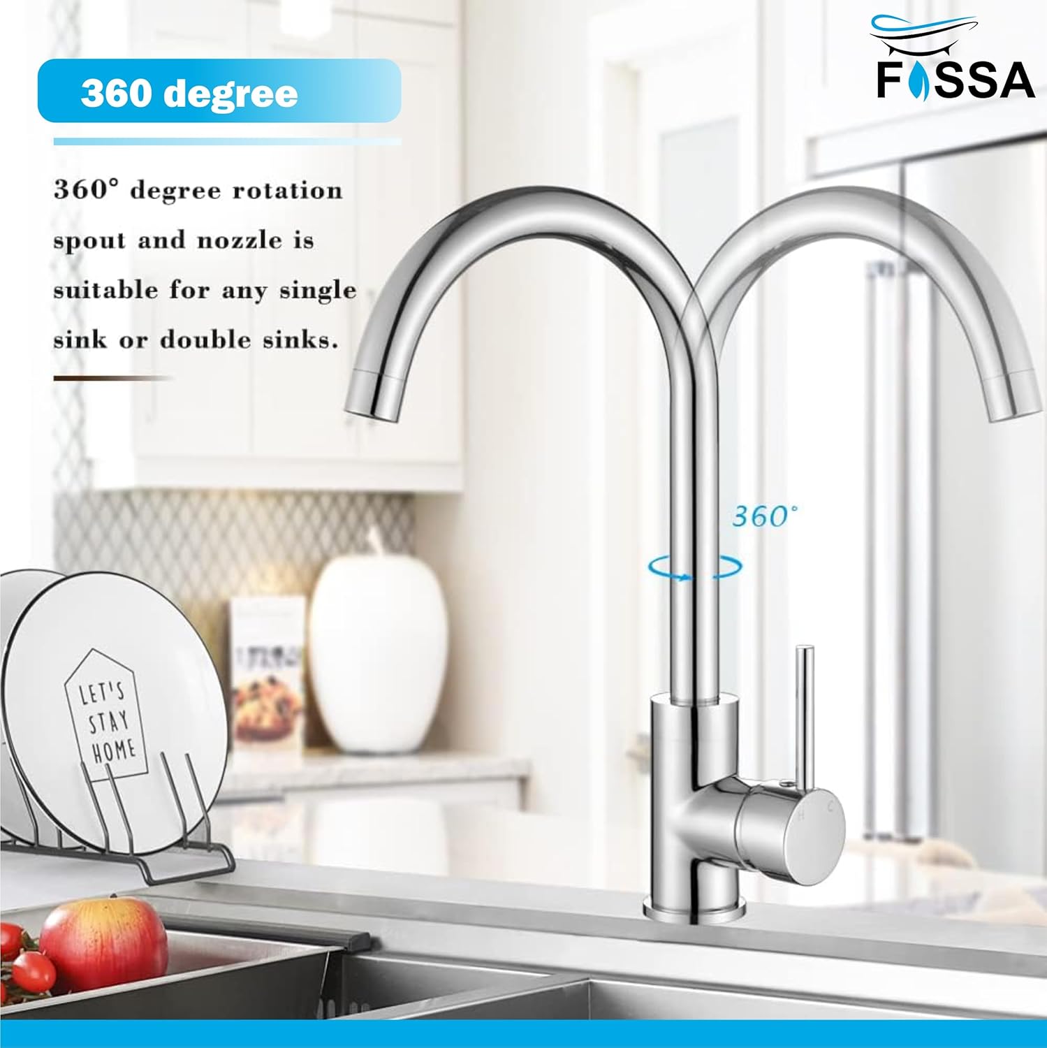 Fossa J Bend Faucet High Pressure Kitchen Faucet 360° Swivel, Stainless Steel Kitchen Faucet, Kitchen Mixer Tap with High Spout-257mm (Chrome Finish)-3